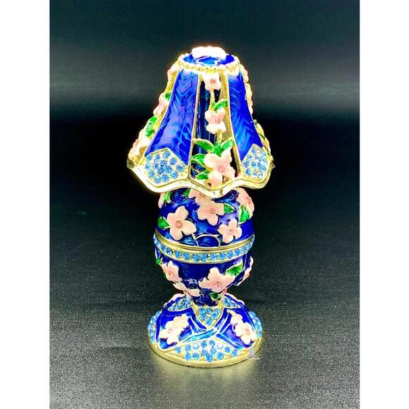 Other - Blue Table Lamp Trinket Box Floral Enamel Rhinestone Gold Tone Keepsake